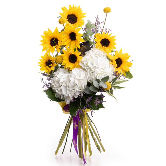 Buchet floarea-soarelui si hortensii