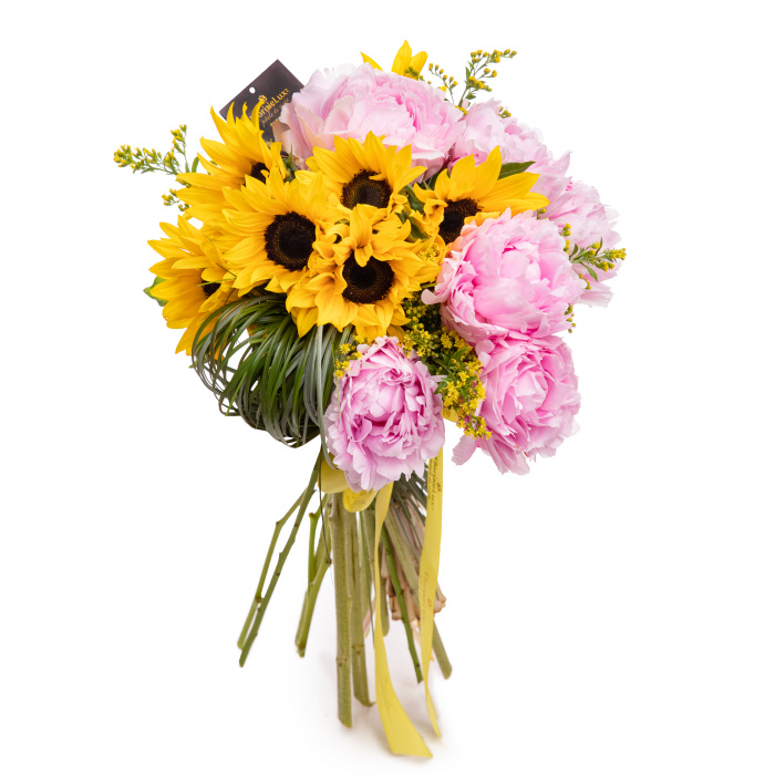 Buchet floarea-soarelui si bujori Sunshine Elegance – imaginea 1
