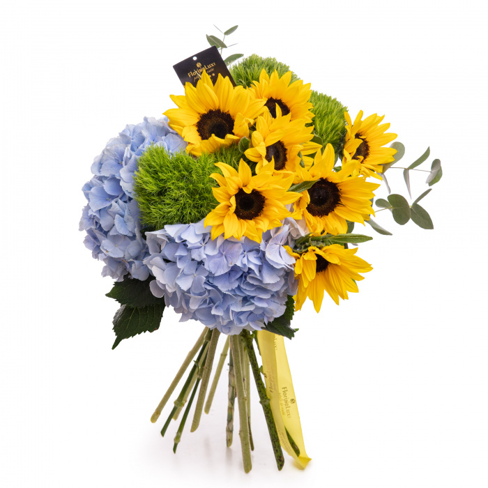 Buchet floarea-soarelui si hortensii Majestic Sunshine