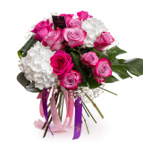 Buchet trandafiri mov si hortensii – Premium