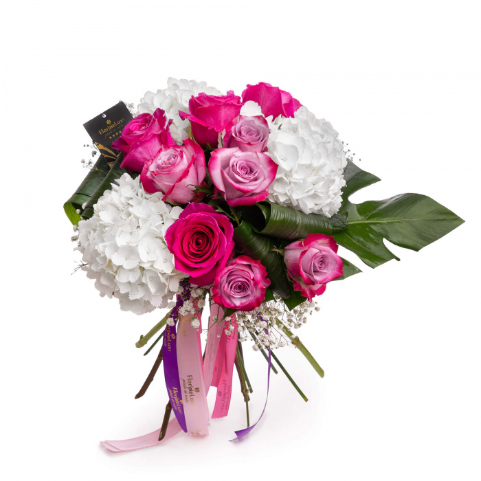 Buchet trandafiri mov si hortensii – imaginea 1