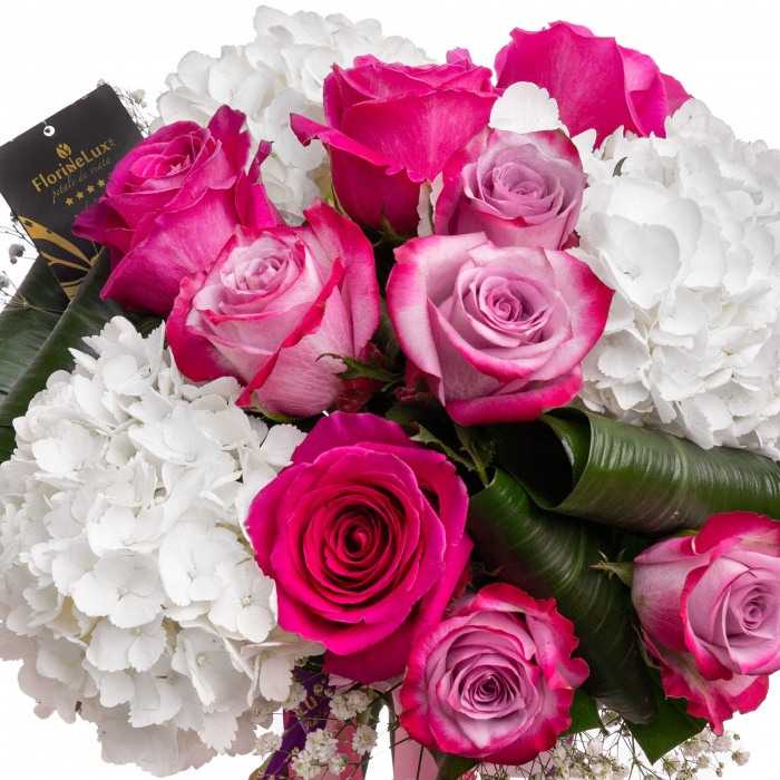 Buchet trandafiri mov si hortensii – imaginea 2