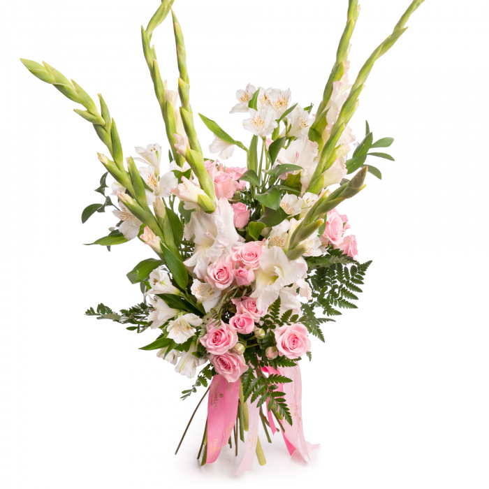 Buchet gladiole albe si trandafiri roz