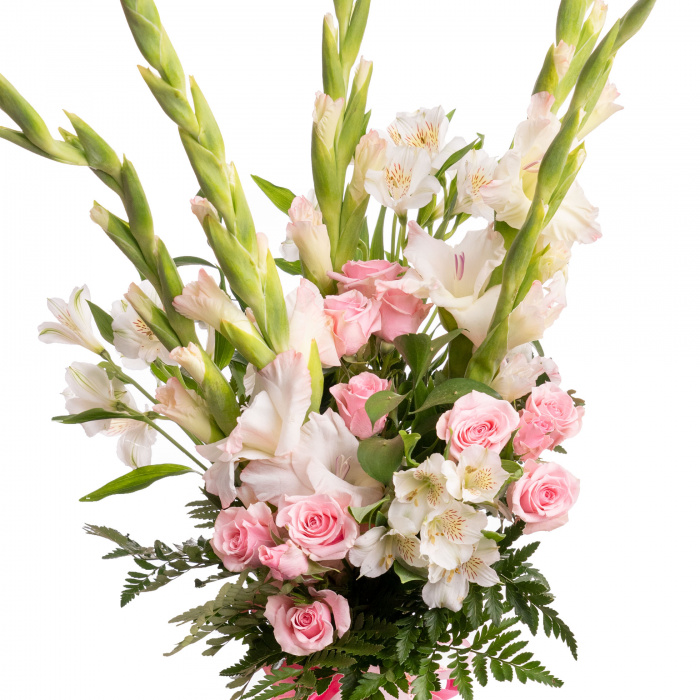Buchet gladiole albe si trandafiri roz – imaginea 2
