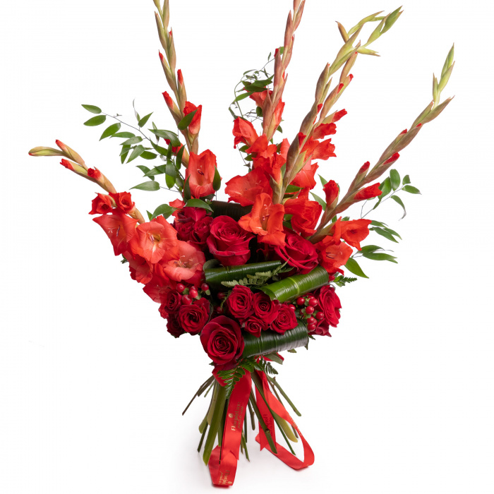 Buchet gladiole si trandafiri rosii