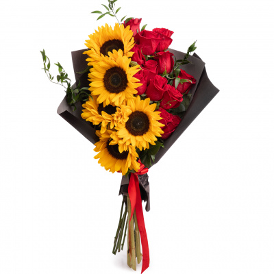 Buchet floarea-soarelui si trandafiri rosii