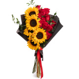 Buchet floarea-soarelui si trandafiri rosii – Premium