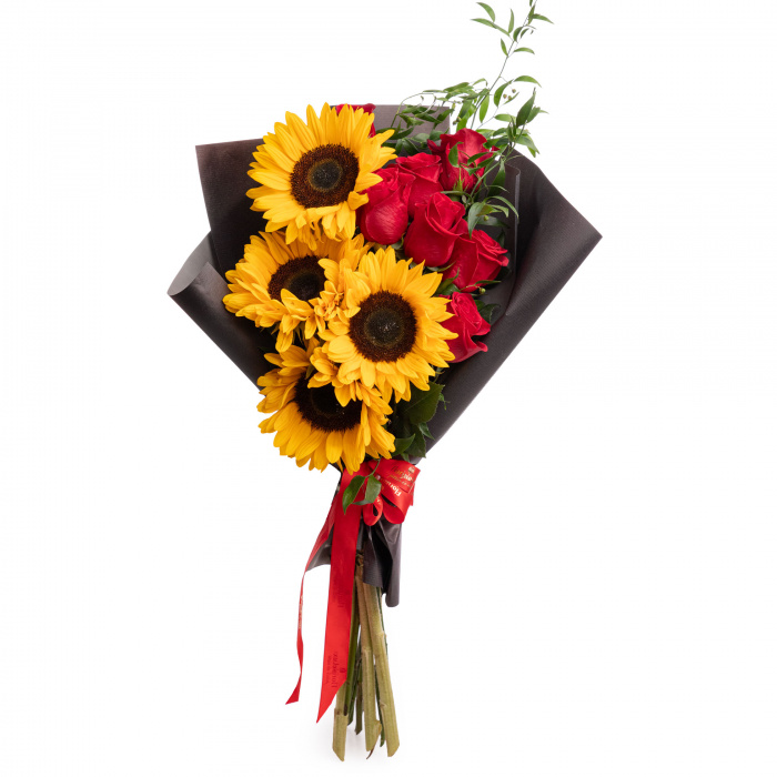 Buchet floarea-soarelui si trandafiri rosii – imaginea 1