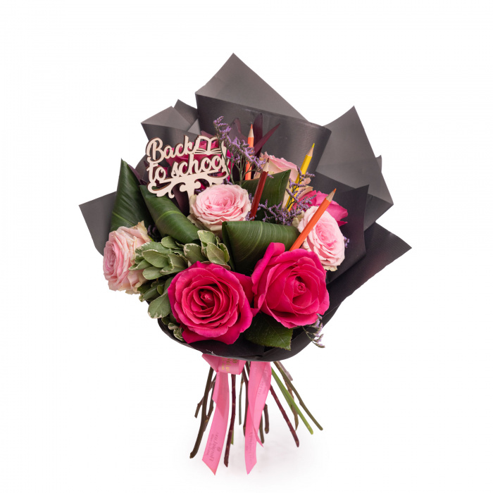 Buchet trandafiri roz si accesorii "Back to school" – imaginea 1