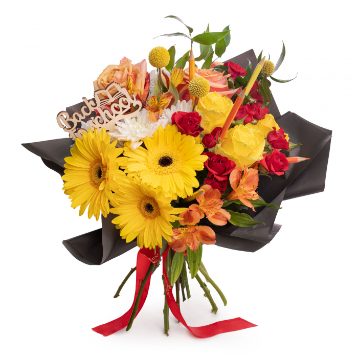 Buchet trandafiri, gerbera si accesorii "Back to school"