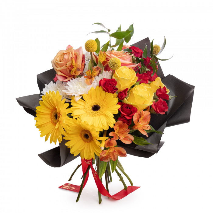 Buchet trandafiri, crizanteme, gerbera