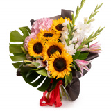 Buchet floarea-soarelui, crini si gladiole "Sunset Romance" – Premium