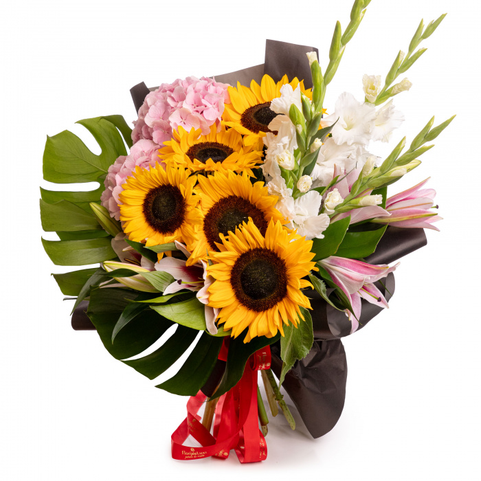Buchet floarea-soarelui, crini si gladiole "Sunset Romance" – imaginea 1