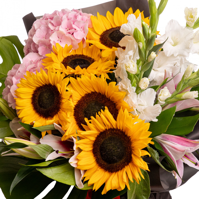 Buchet floarea-soarelui, crini si gladiole "Sunset Romance" – imaginea 2