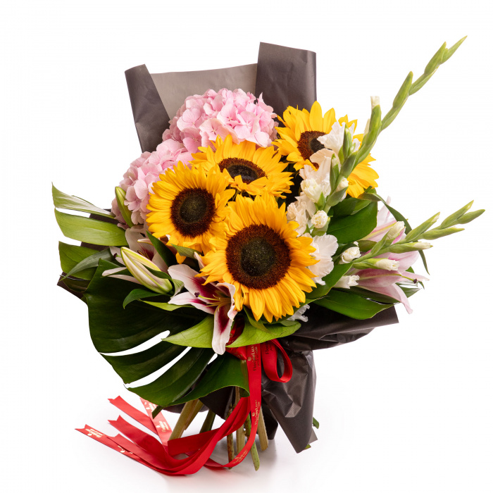 Buchet floarea-soarelui, crini si gladiole "Sunset Romance" – imaginea 1