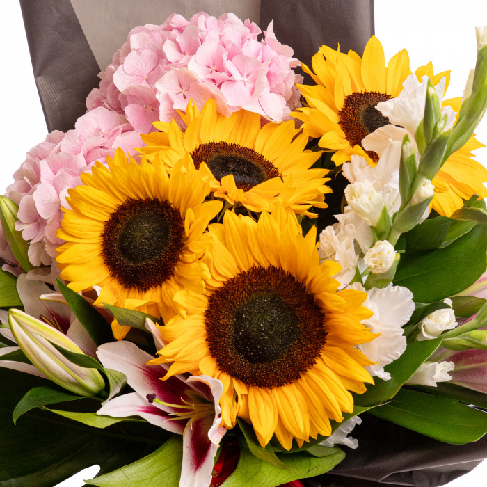 Buchet floarea-soarelui, crini si gladiole "Sunset Romance" – imaginea 2