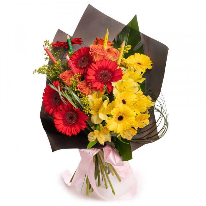 Buchet gerbera si creioane colorate Back to School