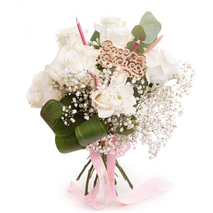 Buchet trandafiri albi si creioane colorate Back to School – imaginea 1