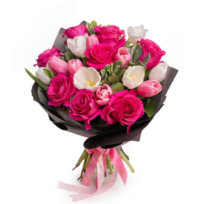 Buchet trandafiri si lalele „Cotton Candy”
