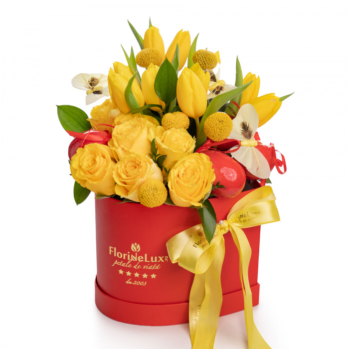 Aranjament floral cu lalele galbene, pentru Paste