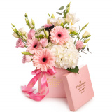 Aranjament floral cu hortensia, gerbera si eustoma – Floridelux
