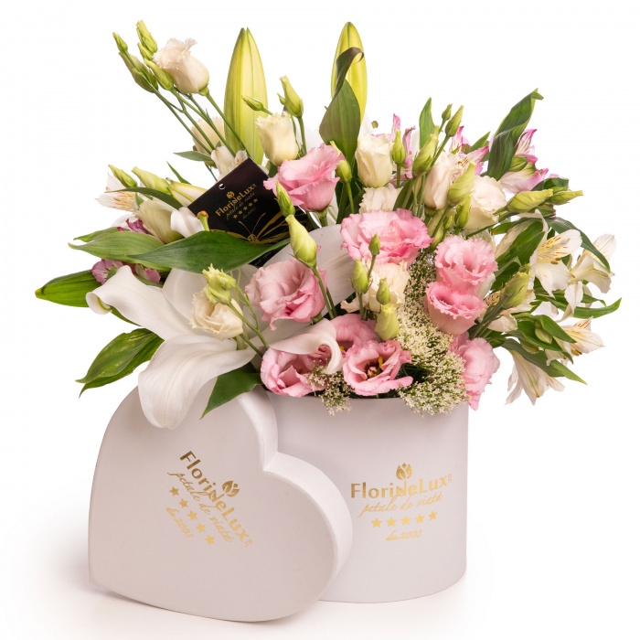 Aranjament floral cu crini si eustoma