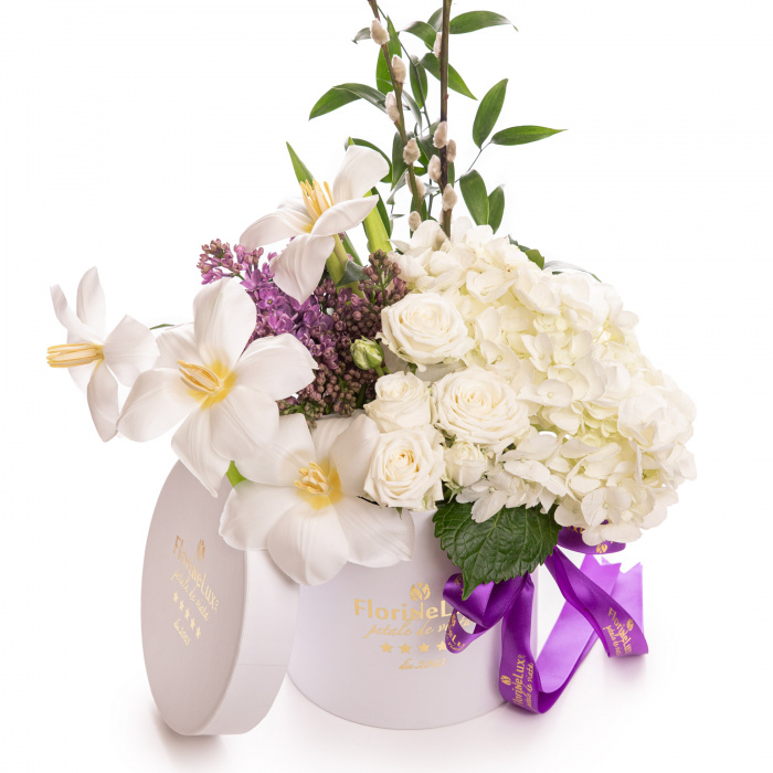 Aranjament floral cu lalele si hortensii, pentru Paste – imaginea 1