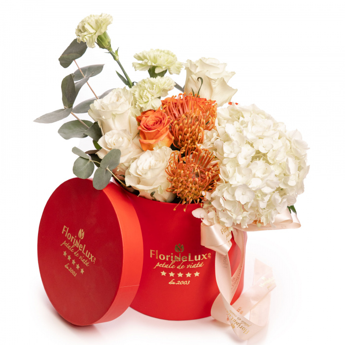 Aranjament floral cu hortensia si trandafiri – imaginea 1