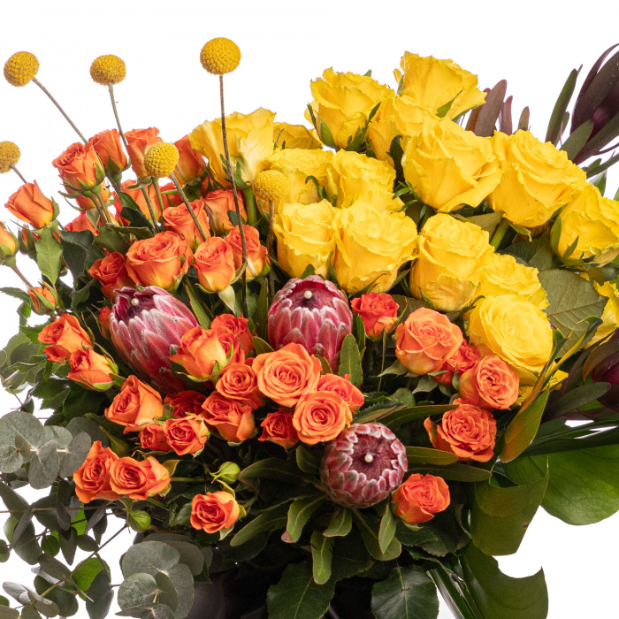Buchet cu protea si trandafiri „Golden Flame”