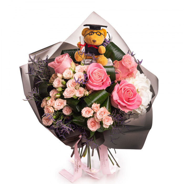 Buchet de absolvire cu trandafiri si hortensie – imaginea 1