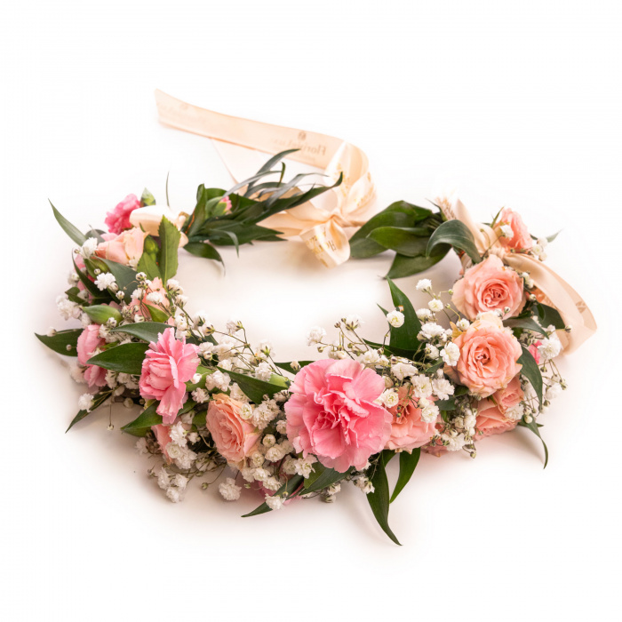 Coronita de premiere cu flori naturale roz – imaginea 1