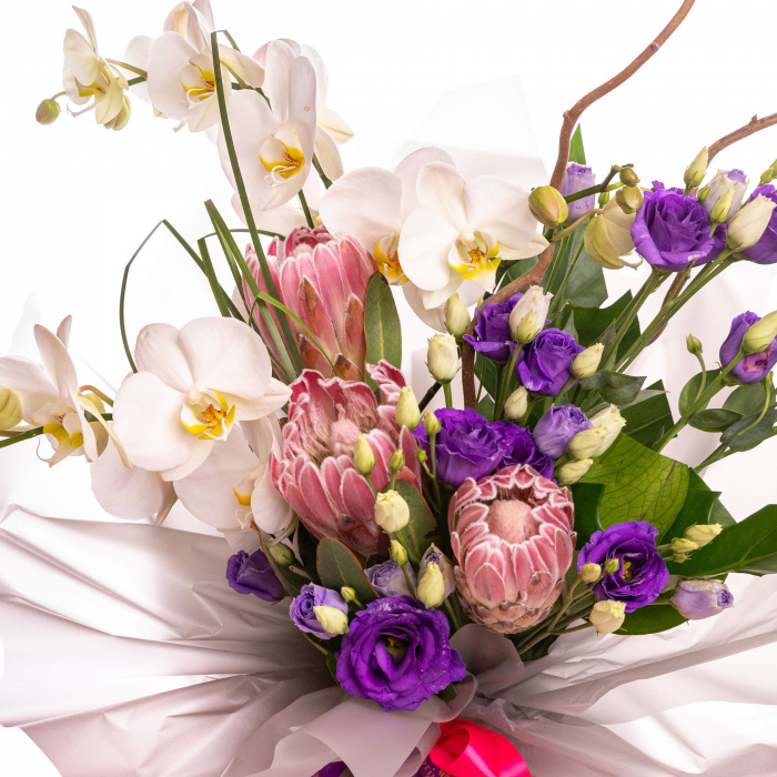 Buchet de flori cu protea si orhidee in ambalaj alb pe un fundal alb, detaliu