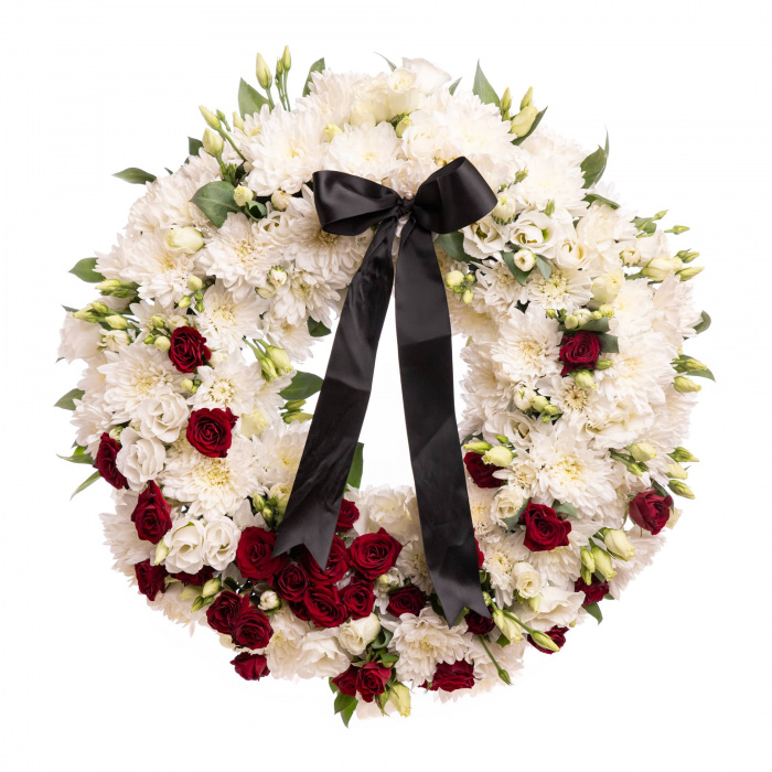 Coroana funerara cu crizanteme albe, eustoma si trandafiri rosii – imaginea 1