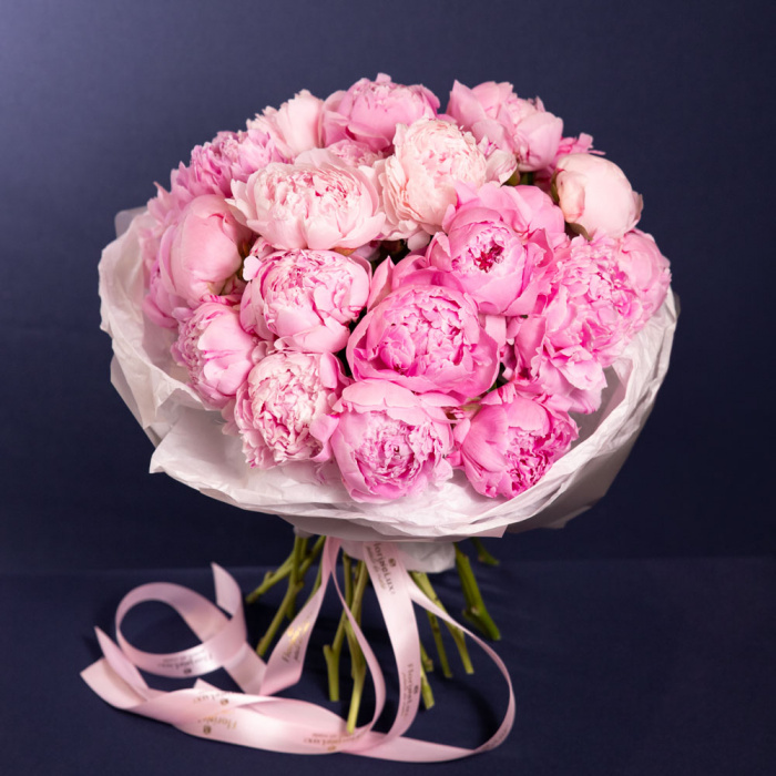Proportia si dimensiunea pentru Buchet cu bujori 'Pink Cloud', varianta Premium, compus din 27 bujori roz