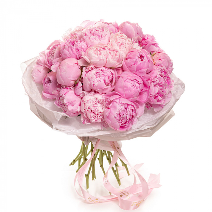 Vedere de ansamblu a produsului Buchet cu bujori 'Pink Cloud', varianta Deluxe, compus din 25 bujori roz