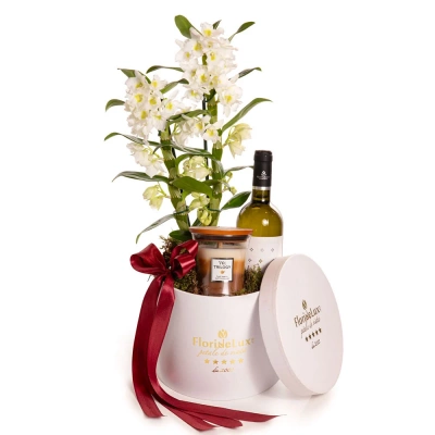 Vedere de ansamblu a produsului Cutie cadou cu orhidee, vin si lumanare, varianta Standard, compusa dintr-o orhidee dendrobium si muschi