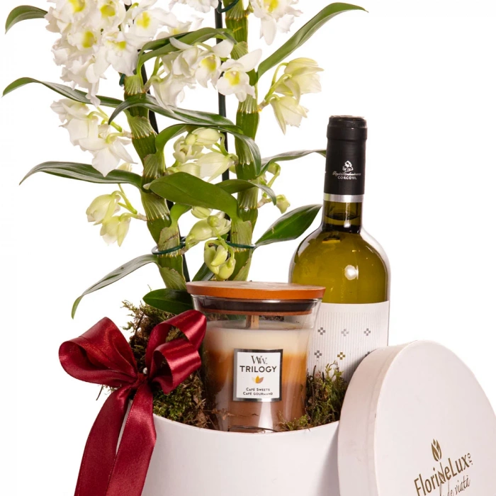 Detaliu de aproape cu florile din Cutie cadou cu orhidee, vin si lumanare, varianta Standard, compusa dintr-o orhidee dendrobium si muschi