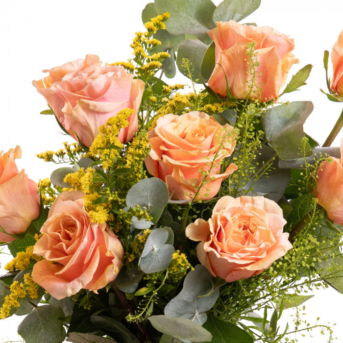 Detaliu de aproape cu florile din Buchet trandafiri portocalii si solidago, varianta Premium, compusa din 9 trandafiri portocalii, 3 fire de solidago, 3 fire de lepidium si 2 crengute de eucalipt