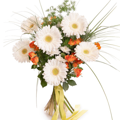 Buchet trandafiri, crizanteme, gerbera