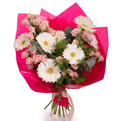 Buchet gerbera, minirosa, lisianthus