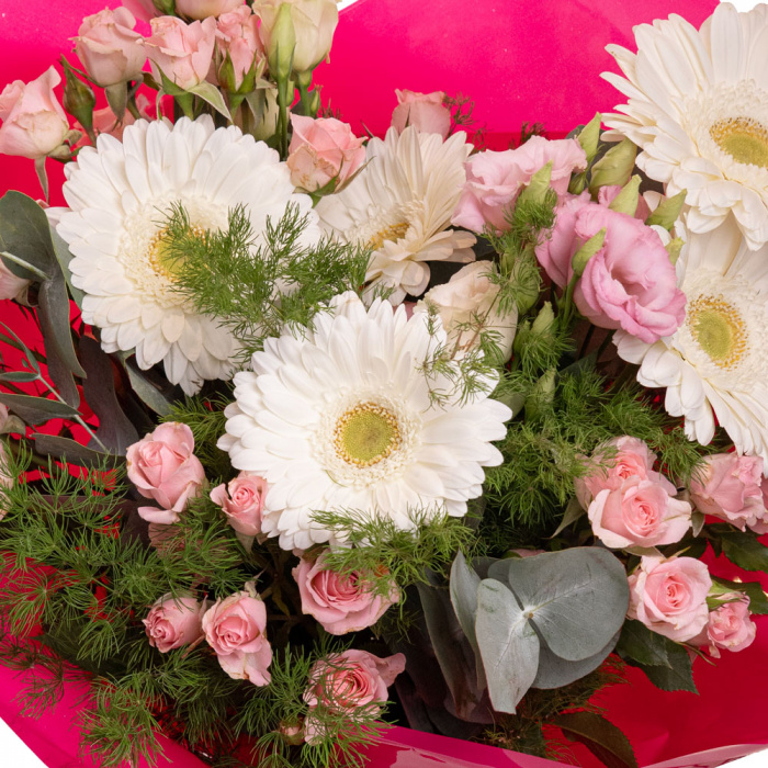 Detaliu de aproape cu florile din Buchet gerbera, minirosa, lisianthus, varianta Deluxe, compus din 5 gerbera albe, 2 fire de lisianthus roz, 4 trandafiri ramificati roz, 3 crengute de asparagus umbelatus, 2 crengute de eucalipt