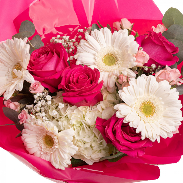 Detaliu de aproape cu florile din Buchet din trandafiri si gerbera, varianta Deluxe, compus din 4 trandafiri pink floyd, 2 trandafiri ramificati roz, 1 gypsophila, 1 hortensie promo, 4 gerbere albe si 4 crengute de eucalipt