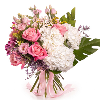 Buchet trandafiri roz si hortensii Back to School