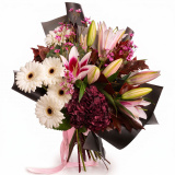 Buchet de toamna cu gerbera, crini si hortensii – Premium