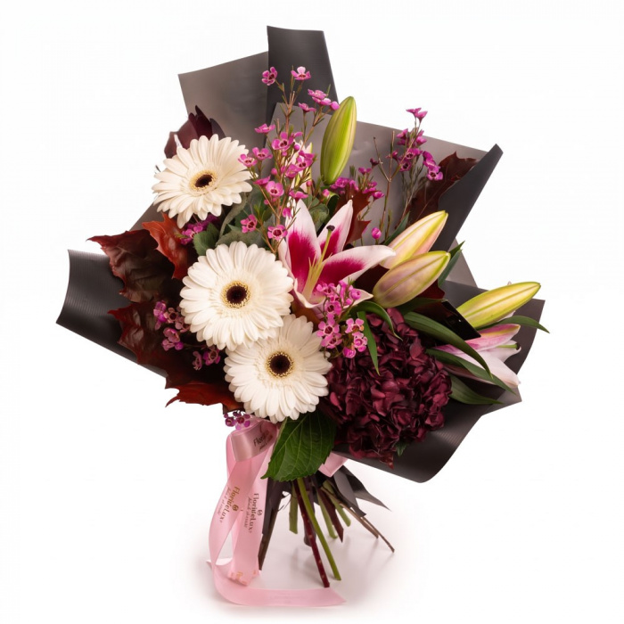 Buchet de toamna cu gerbera, crini si hortensii – imaginea 1
