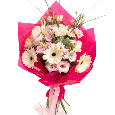 Buchet Premium bogat cu 6 gerbera albe, lisianthus roz si 3 trandafiri ramificati, vedere de ansamblu