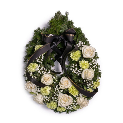 Jerba funerara cu trandafiri albi si garoafe verzi