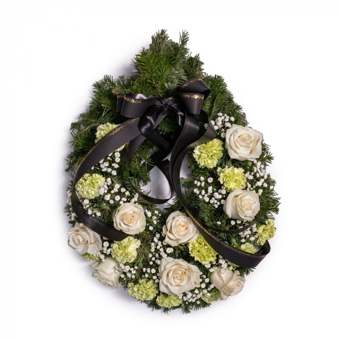 Jerba funerara cu trandafiri albi si garoafe verzi – imaginea 1