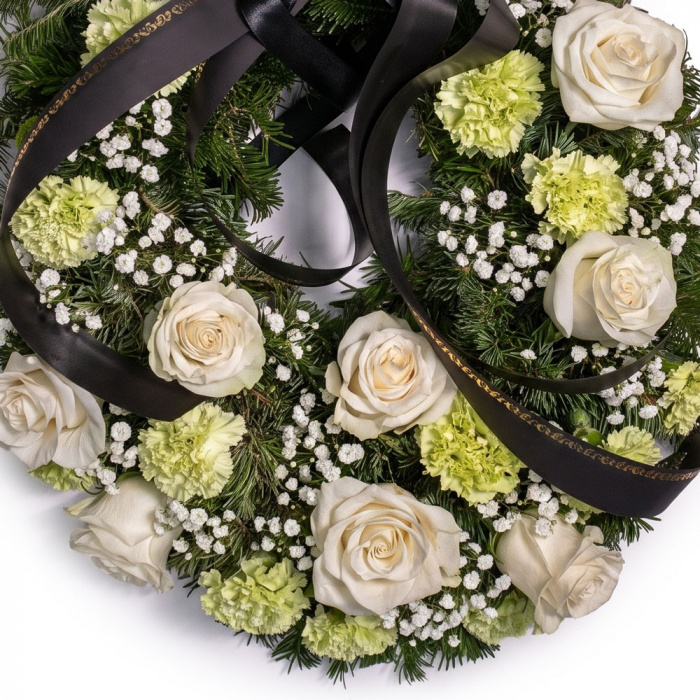 Jerba funerara cu trandafiri albi si garoafe verzi – imaginea 2