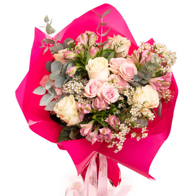Buchet Premium cu 5 trandafiri albi, 3 trandafiri ramificati roz si alstroemeria, vedere de ansamblu